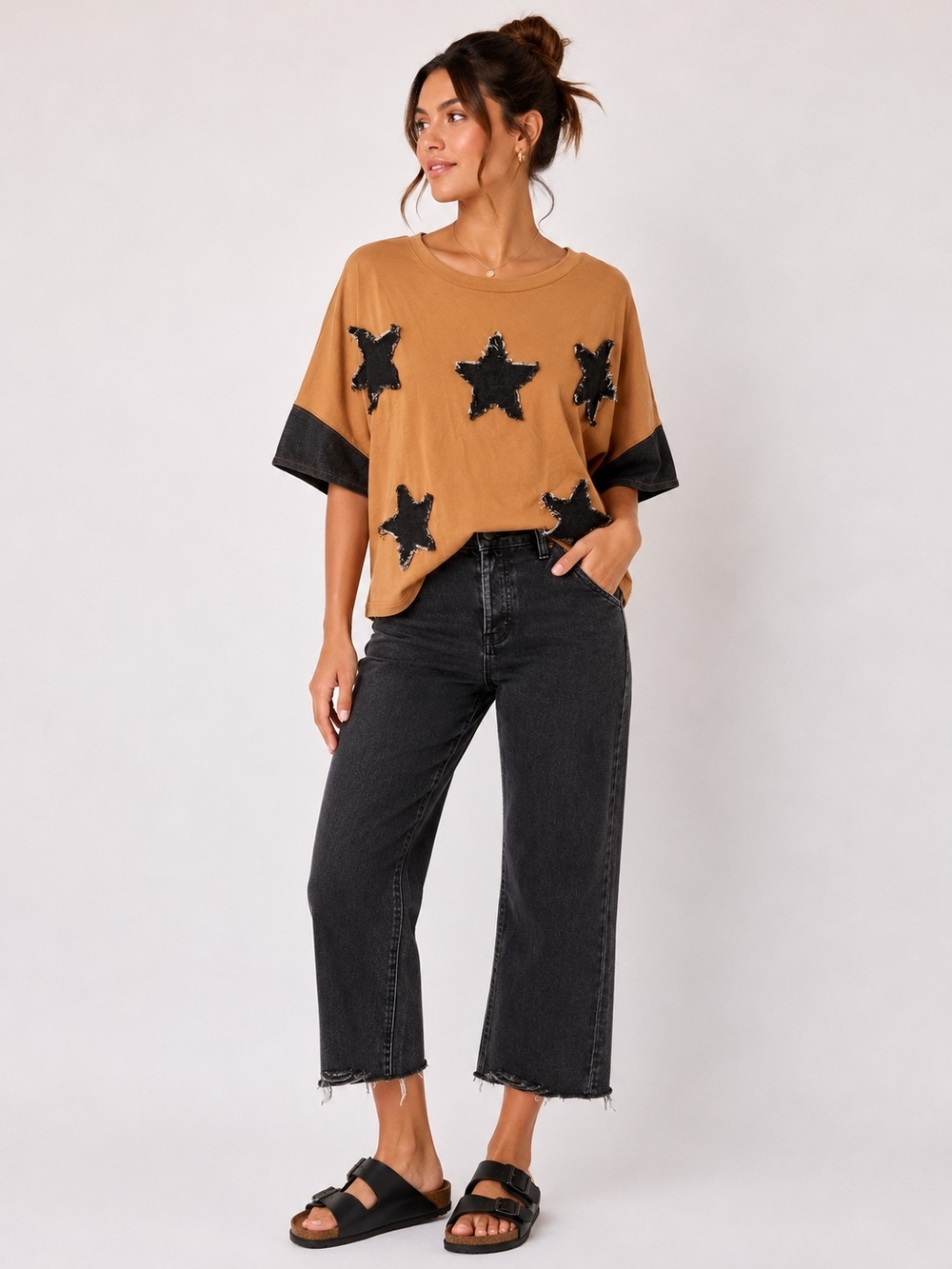 140 Davi & Dani Denim Star Appliqué Oversized Tee in Camel and Black